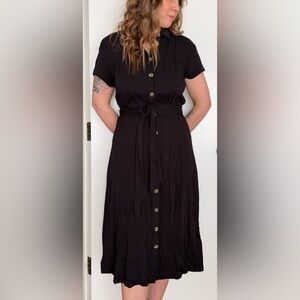 H&M Black Tie-Shirt Midi Dress with Button Detail